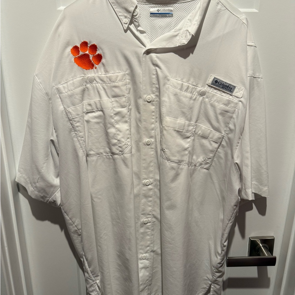 Columbia White Short Sleeve Shirt with Clemson Logo